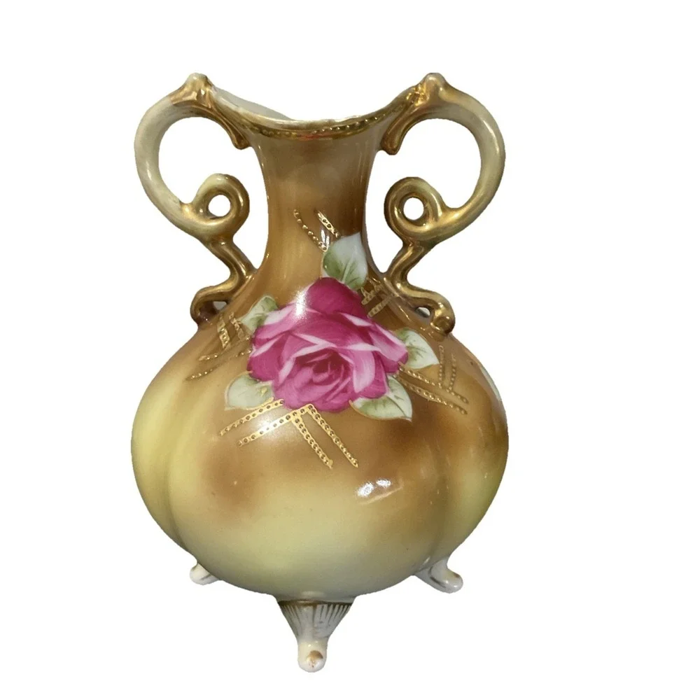 Antique Nippon Hand‎ Painted Bone China Beaded Gold Trim Two Handle Vase